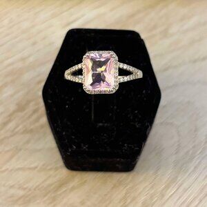 New Pink Zirconia Radiant Cut Ring with Pave Accent Stones on Sterling Silver